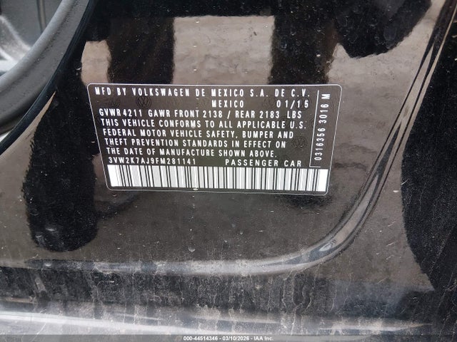 44514346 :رقم المزاد ، 3VW2K7AJ9FM281141 vin ، 2015 Volkswagen Jetta 2.0l S مزاد بيع
