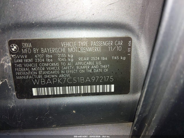 44514361 :رقم المزاد ، WBAPK7C51BA972175 vin ، 2011 Bmw 328i Xdrive مزاد بيع