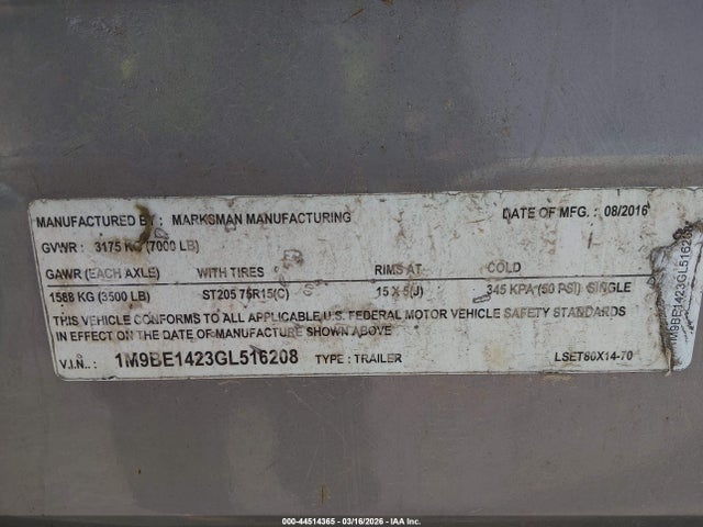 Utility Trailer 2016 1M9BE1423GL516208 Image 9