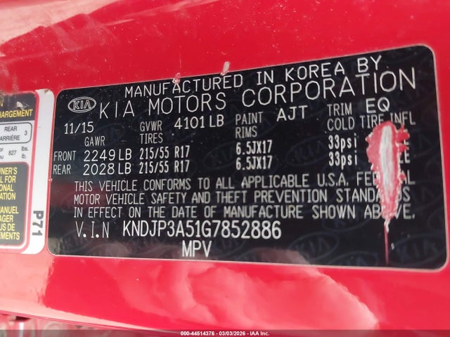 2016 Kia Soul + მანქანა იყიდება აუქციონზე, vin: KNDJP3A51G7852886, აუქციონის ნომერი: 44514376