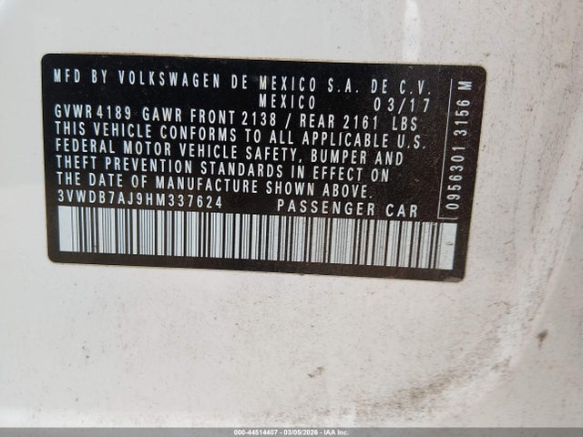 Aukcja sprzedaży 2017 Volkswagen Jetta 1.4t Se, vin: 3VWDB7AJ9HM337624, numer aukcji: 44514407