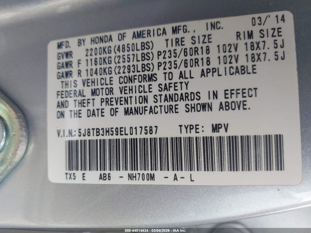 2014 Acura Rdx მანქანა იყიდება აუქციონზე, vin: 5J8TB3H59EL017587, აუქციონის ნომერი: 44514434