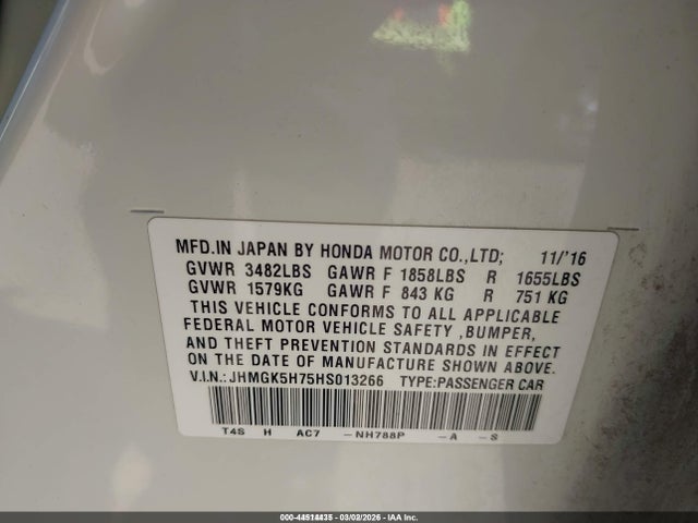 Aukcja sprzedaży 2017 Honda Fit Ex, vin: JHMGK5H75HS013266, numer aukcji: 44514435