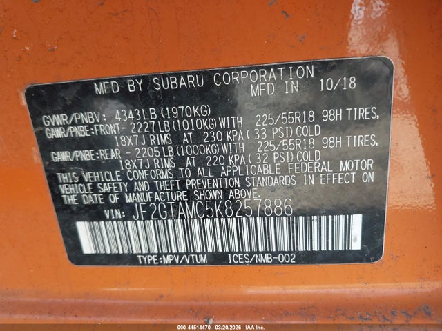 Продажа на аукционе авто 2019 Subaru Crosstrek 2.0i Limited, vin: JF2GTAMC5K8257886, номер лота: 44514470