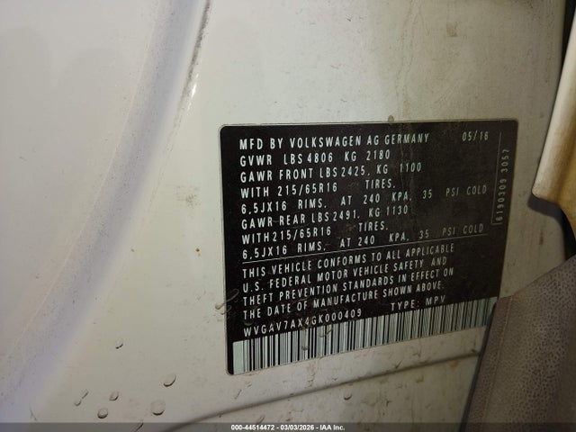 2016 Volkswagen Tiguan S მანქანა იყიდება აუქციონზე, vin: WVGAV7AX4GK000409, აუქციონის ნომერი: 44514472