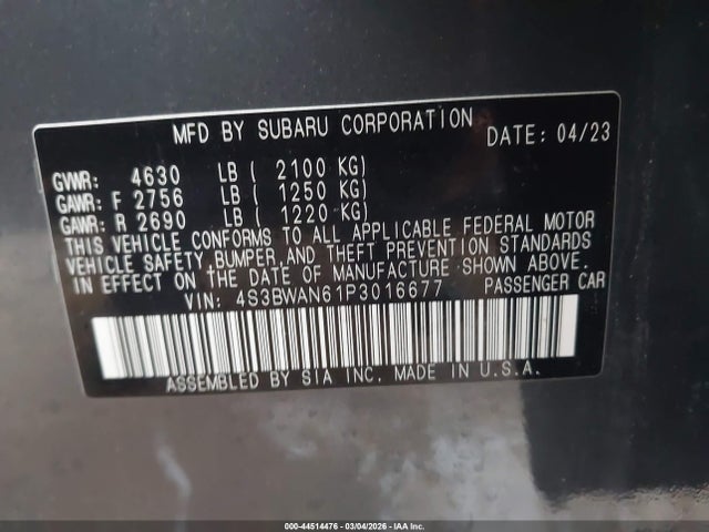 Aukcja sprzedaży 2023 Subaru Legacy Limited, vin: 4S3BWAN61P3016677, numer aukcji: 44514476