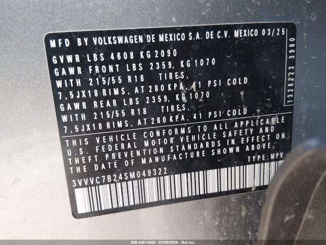 Aukcja sprzedaży 2025 Volkswagen Taos 1.5t Se, vin: 3VVVC7B24SM049322, numer aukcji: 44514480