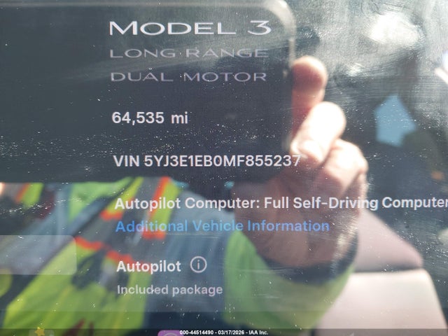 Aukcja sprzedaży 2021 Tesla Model 3 Long Range Dual Motor All-wheel Drive, vin: 5YJ3E1EB0MF855237, numer aukcji: 44514490