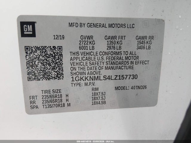 Aukcja sprzedaży 2020 Gmc Acadia Fwd Slt, vin: 1GKKNMLS4LZ157730, numer aukcji: 44514516