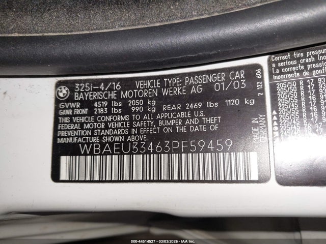 44514527 :رقم المزاد ، WBAEU33463PF59459 vin ، 2003 Bmw 325xi مزاد بيع
