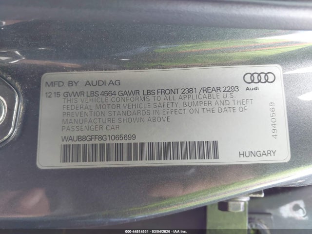 44514531 :رقم المزاد ، WAUB8GFF8G1065699 vin ، 2016 Audi A3 2.0t Premium مزاد بيع