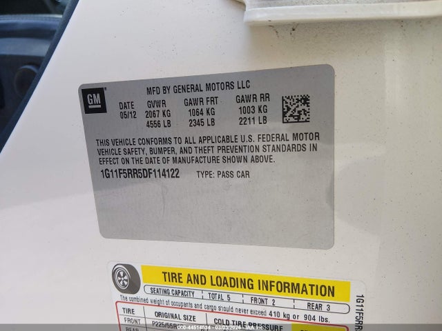2013 Chevrolet Malibu Eco Premium Audio მანქანა იყიდება აუქციონზე, vin: 1G11F5RR5DF114122, აუქციონის ნომერი: 44514534