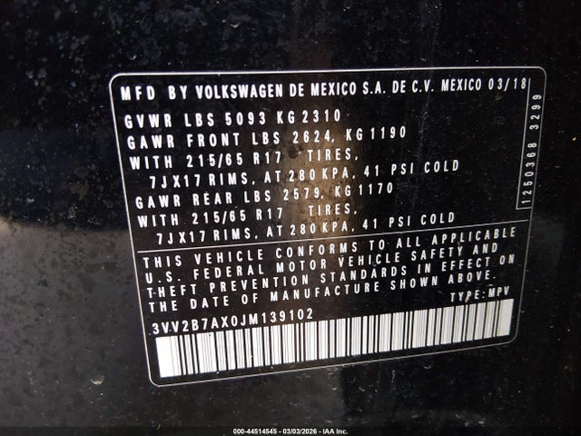 44514545 :رقم المزاد ، 3VV2B7AX0JM139102 vin ، 2018 Volkswagen Tiguan 2.0t Se/2.0t Sel مزاد بيع
