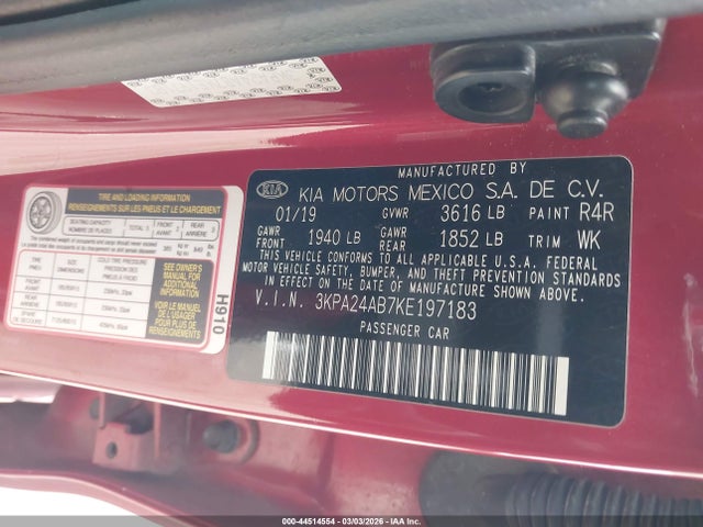 44514554 :رقم المزاد ، 3KPA24AB7KE197183 vin ، 2019 Kia Rio S مزاد بيع