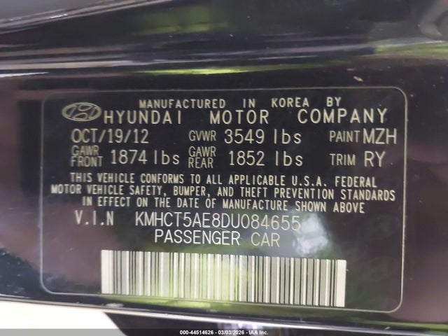 2013 Hyundai Accent Gs მანქანა იყიდება აუქციონზე, vin: KMHCT5AE8DU084655, აუქციონის ნომერი: 44514626