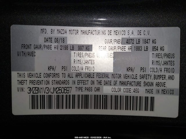 Aukcja sprzedaży 2018 Mazda Mazda3 Touring, vin: 3MZBN1V3XJM250697, numer aukcji: 44514628