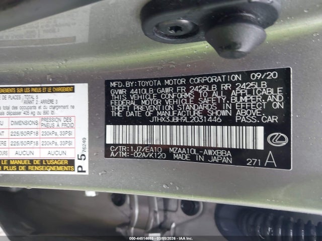 2020 Lexus Ux 200 მანქანა იყიდება აუქციონზე, vin: JTHX3JBH9L2031446, აუქციონის ნომერი: 44514685