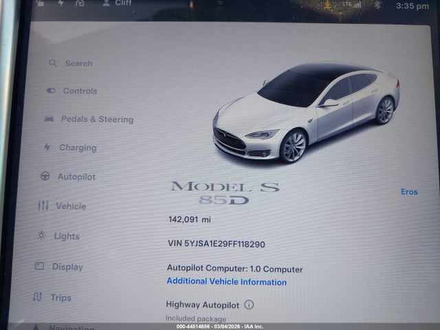 44514686 :رقم المزاد ، 5YJSA1E29FF118290 vin ، 2015 Tesla Model S 70d/85d/p85d مزاد بيع