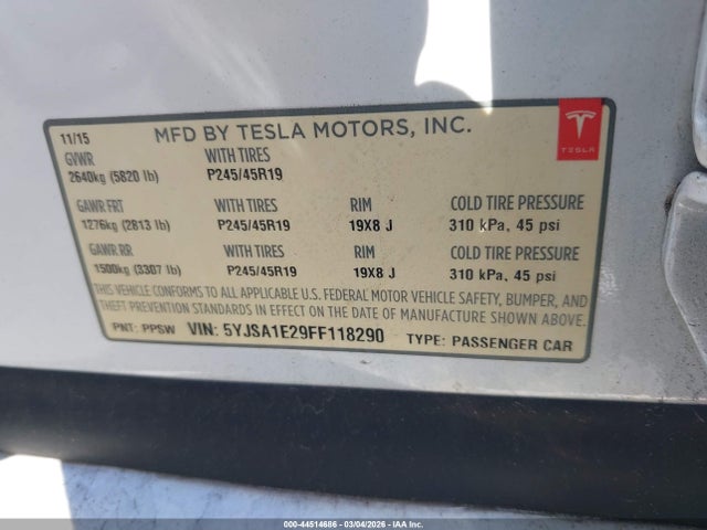 44514686 :رقم المزاد ، 5YJSA1E29FF118290 vin ، 2015 Tesla Model S 70d/85d/p85d مزاد بيع