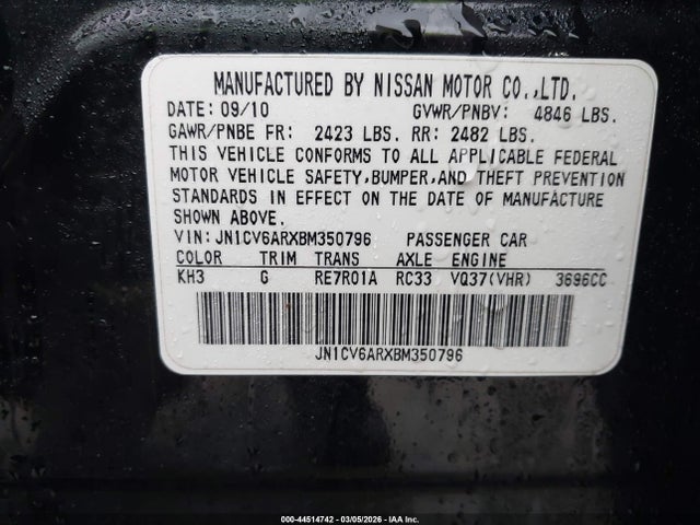 Aukcja sprzedaży 2011 Infiniti G37x, vin: JN1CV6ARXBM350796, numer aukcji: 44514742