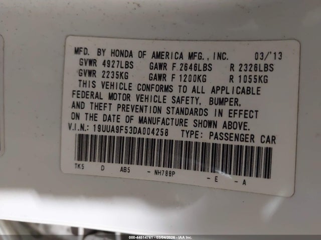 44514761 :رقم المزاد ، 19UUA9F53DA004258 vin ، 2013 Acura Tl 3.7 مزاد بيع