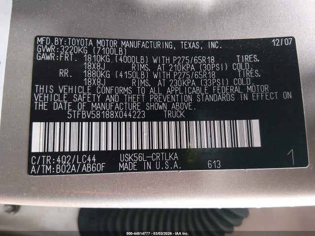 Продаж на аукціоні авто 2008 Toyota Tundra Limited 5.7l V8, vin: 5TFBV58188X044223, номер лоту: 44514777