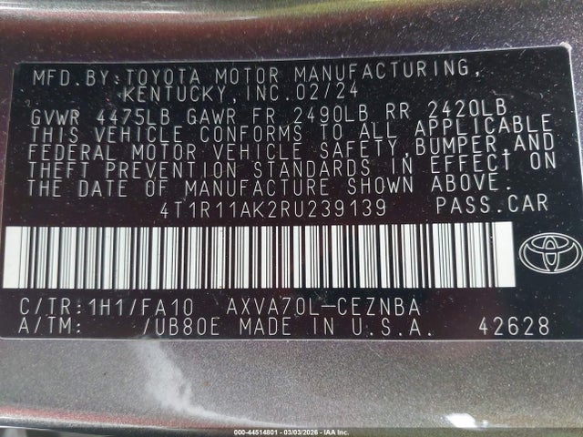 44514801 :رقم المزاد ، 4T1R11AK2RU239139 vin ، 2024 Toyota Camry Le مزاد بيع