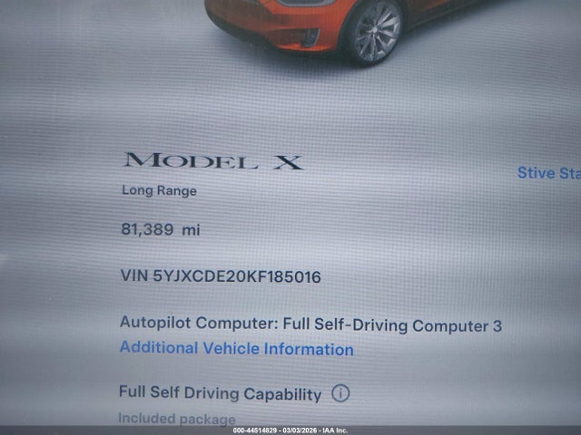 Aukcja sprzedaży 2019 Tesla Model X 100d/75d/long Range/standard Range, vin: 5YJXCDE20KF185016, numer aukcji: 44514829
