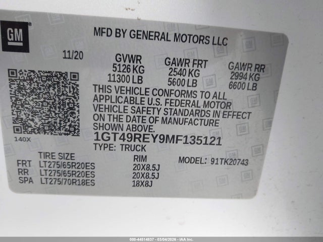44514837 :رقم المزاد ، 1GT49REY9MF135121 vin ، 2021 Gmc Sierra 2500hd 4wd  Standard Bed Denali مزاد بيع