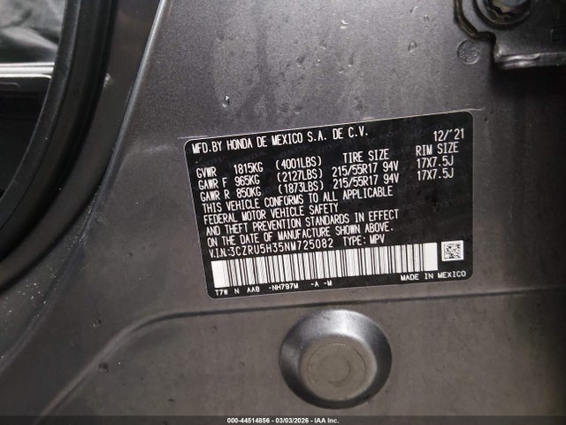 2022 Honda Hr-v 2wd Lx მანქანა იყიდება აუქციონზე, vin: 3CZRU5H35NM725082, აუქციონის ნომერი: 44514856