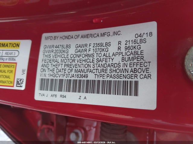 1HGCV1F37JA163649 Honda Accord Sport