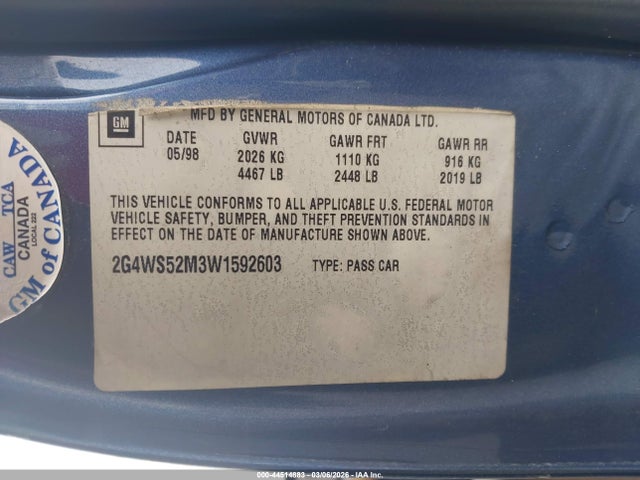 44514883 :رقم المزاد ، 2G4WS52M3W1592603 vin ، 1998 Buick Century Custom مزاد بيع
