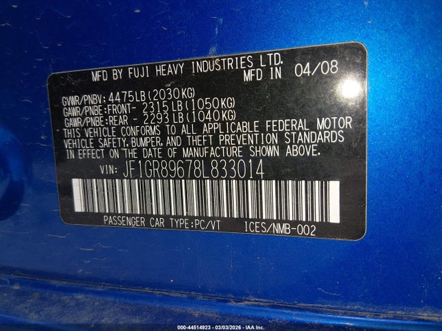 Продаж на аукціоні авто 2008 Subaru Impreza Wrx Sti, vin: JF1GR89678L833014, номер лоту: 44514923
