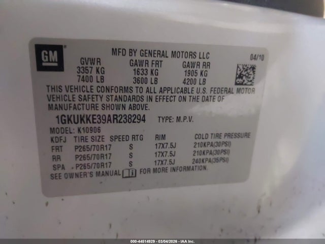 Aukcja sprzedaży 2010 Gmc Yukon Xl 1500 Slt, vin: 1GKUKKE39AR238294, numer aukcji: 44514929