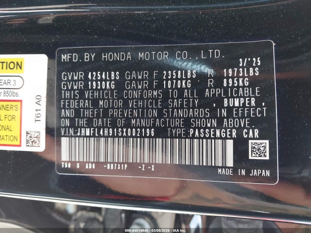 2025 Honda Civic Hybrid Sport Touring მანქანა იყიდება აუქციონზე, vin: JHMFL4H91SX002196, აუქციონის ნომერი: 44514945