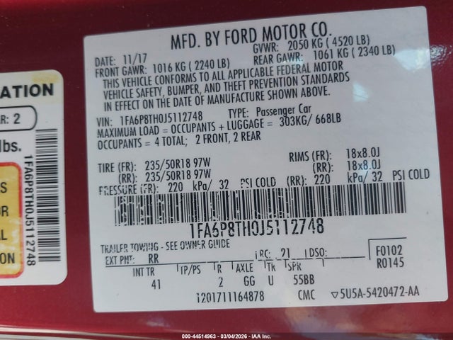 Aukcja sprzedaży 2018 Ford Mustang Ecoboost, vin: 1FA6P8TH0J5112748, numer aukcji: 44514963
