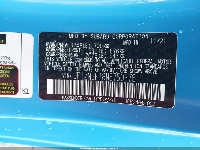 Aukcja sprzedaży 2022 Toyota Gr86 Premium, vin: JF1ZNBF18N8750376, numer aukcji: 44514998