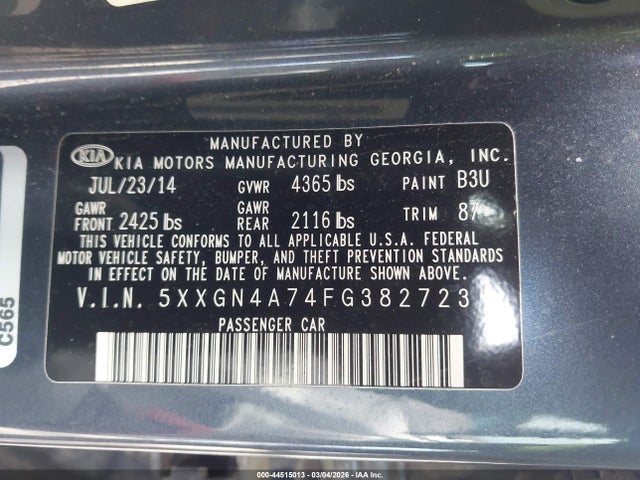 Продаж на аукціоні авто 2015 Kia Optima Ex, vin: 5XXGN4A74FG382723, номер лоту: 44515013