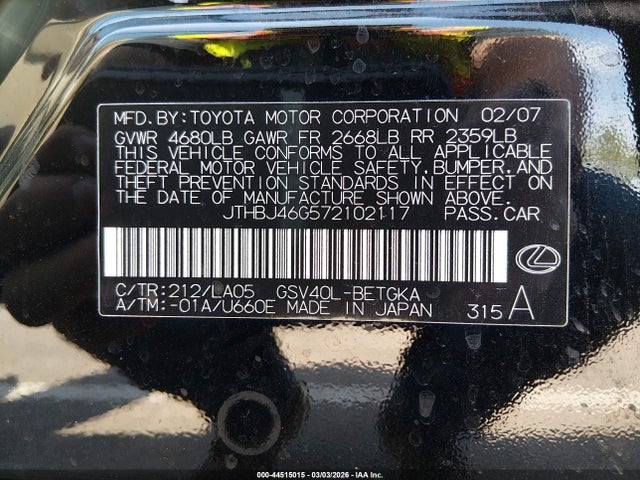 Aukcja sprzedaży 2007 Lexus Es 350, vin: JTHBJ46G572102117, numer aukcji: 44515015