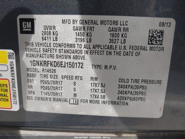 2014 Chevrolet Traverse Ls მანქანა იყიდება აუქციონზე, vin: 1GNKRFKD6EJ150172, აუქციონის ნომერი: 44515027