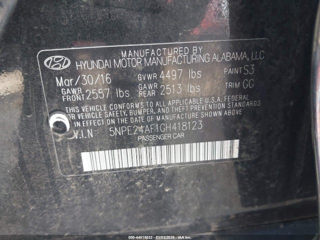 Aukcja sprzedaży 2016 Hyundai Sonata, vin: 5NPE24AF1GH418123, numer aukcji: 44515032
