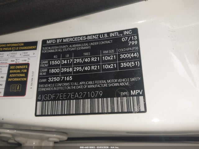 2014 Mercedes-benz Gl 63 Amg 4matic მანქანა იყიდება აუქციონზე, vin: 4JGDF7EE7EA271079, აუქციონის ნომერი: 44515083