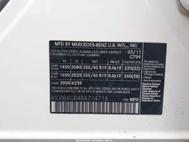 Продажа на аукционе авто 2011 Mercedes-benz Ml 350 4matic, vin: 4JGBB8GB4BA714716, номер лота: 44515104