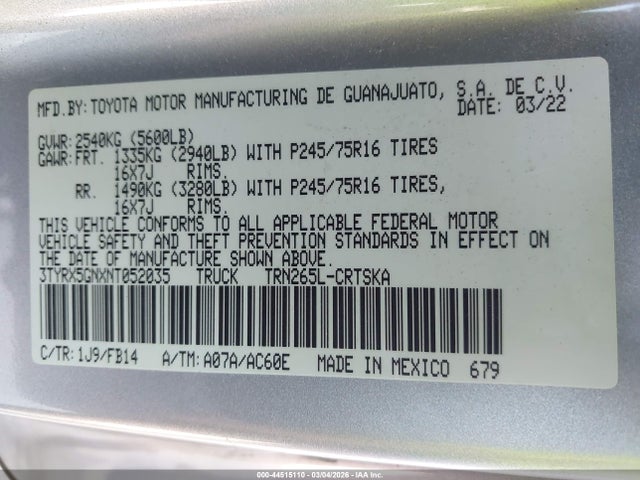 2022 Toyota Tacoma Sr მანქანა იყიდება აუქციონზე, vin: 3TYRX5GNXNT052035, აუქციონის ნომერი: 44515110