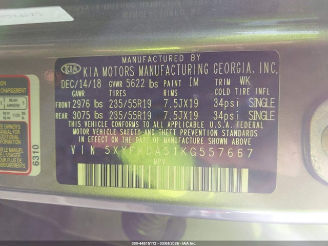 44515112 :رقم المزاد ، 5XYPKDA51KG557667 vin ، 2019 Kia Sorento 3.3l Sx مزاد بيع