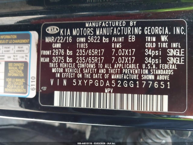 5XYPGDA52GG177651 KIA Sorento 3.3l Lx