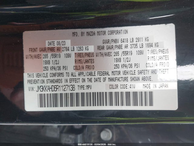 44515135 :رقم المزاد ، JM3KKAHD6R1127138 vin ، 2024 Mazda Cx-90 3.3 Turbo Select مزاد بيع