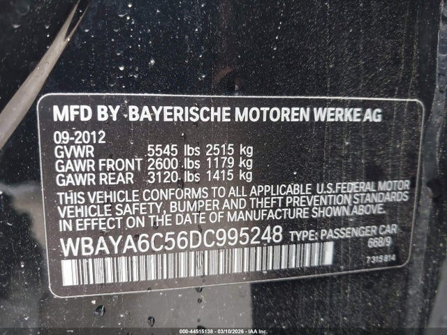 2013 Bmw 740i მანქანა იყიდება აუქციონზე, vin: WBAYA6C56DC995248, აუქციონის ნომერი: 44515138