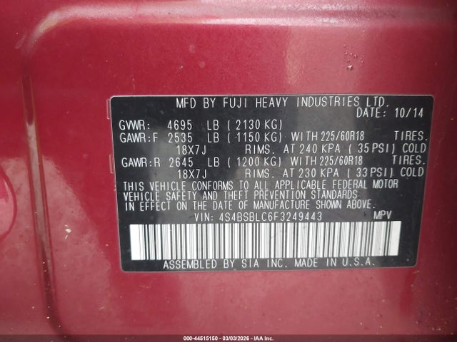44515150 :رقم المزاد ، 4S4BSBLC6F3249443 vin ، 2015 Subaru Outback 2.5i Limited مزاد بيع