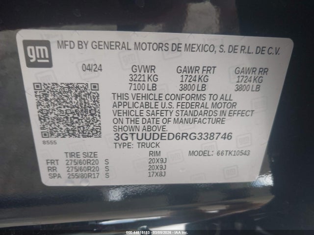 Aukcja sprzedaży 2024 Gmc Sierra 1500 4wd  Short Box Slt, vin: 3GTUUDED6RG338746, numer aukcji: 44515153